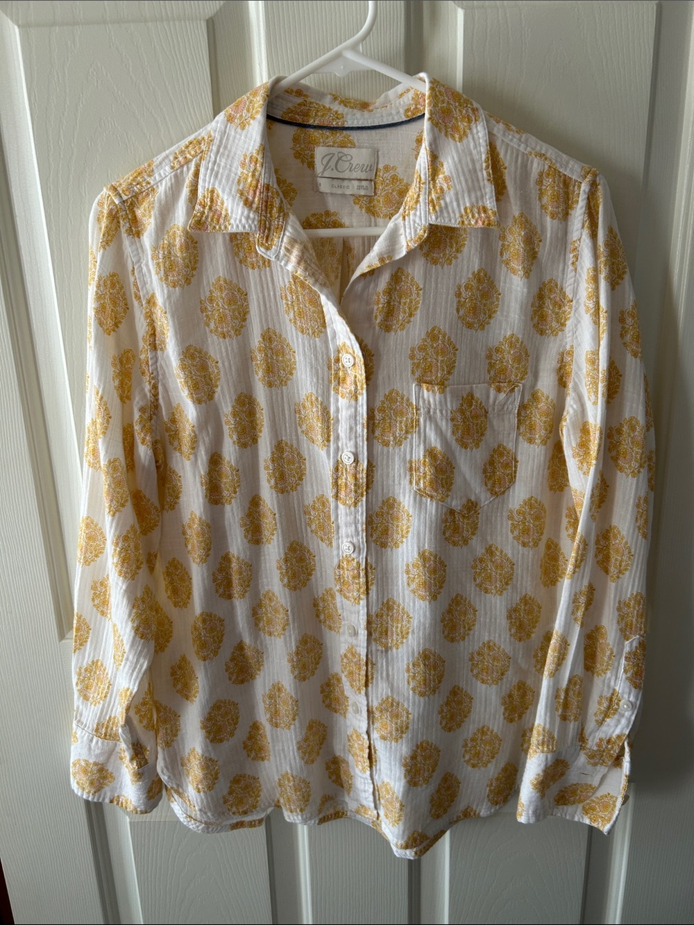 J. Crew White Shirt with Yellow Medallion Print